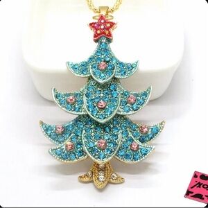 Gold and Blue Christmas Tree Pendant Necklace